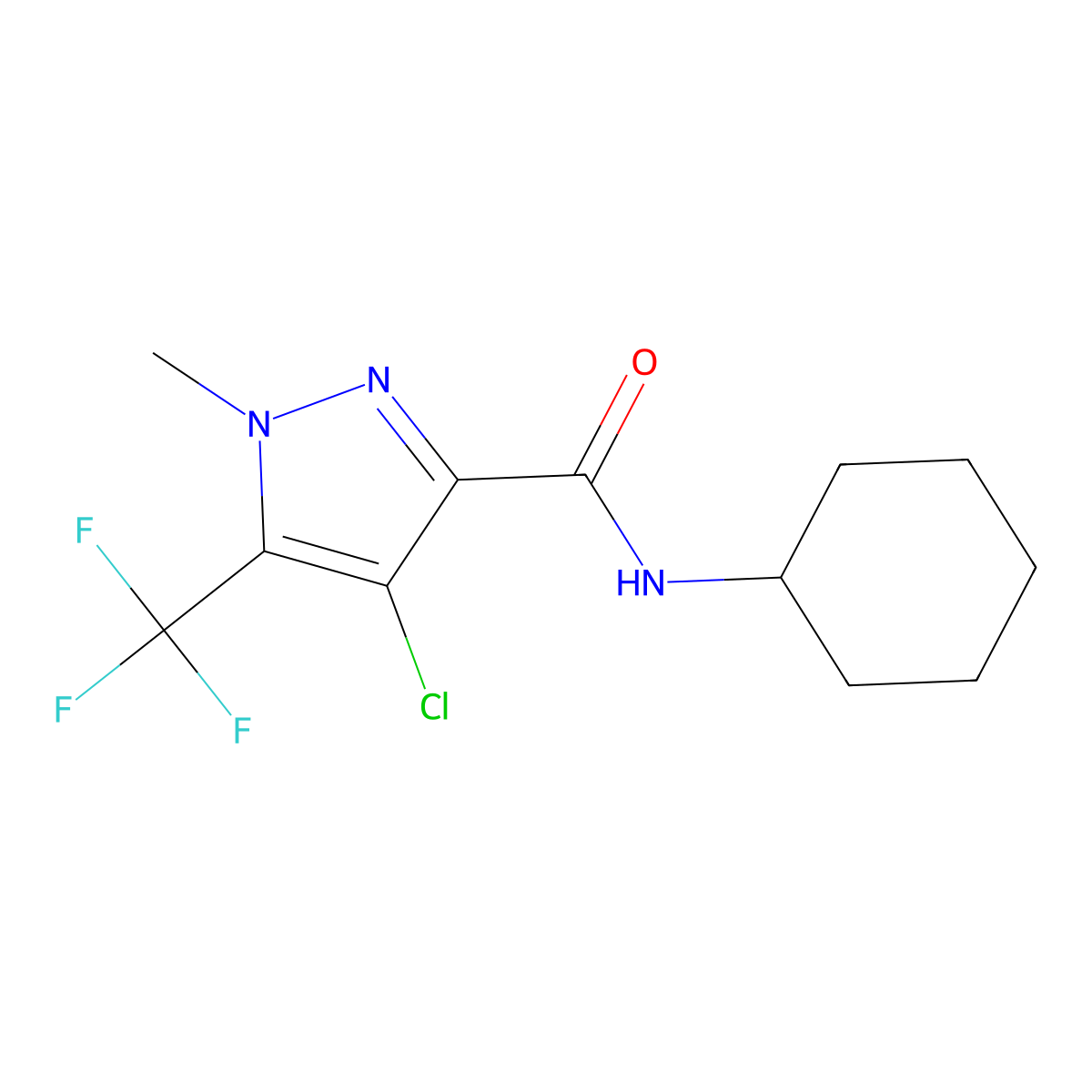 4-chloro-N-cyclohexyl-1-methyl-5-(trifluoromethyl)pyrazole-3-carboxamide molecular structure, CAS 1005579-92-9