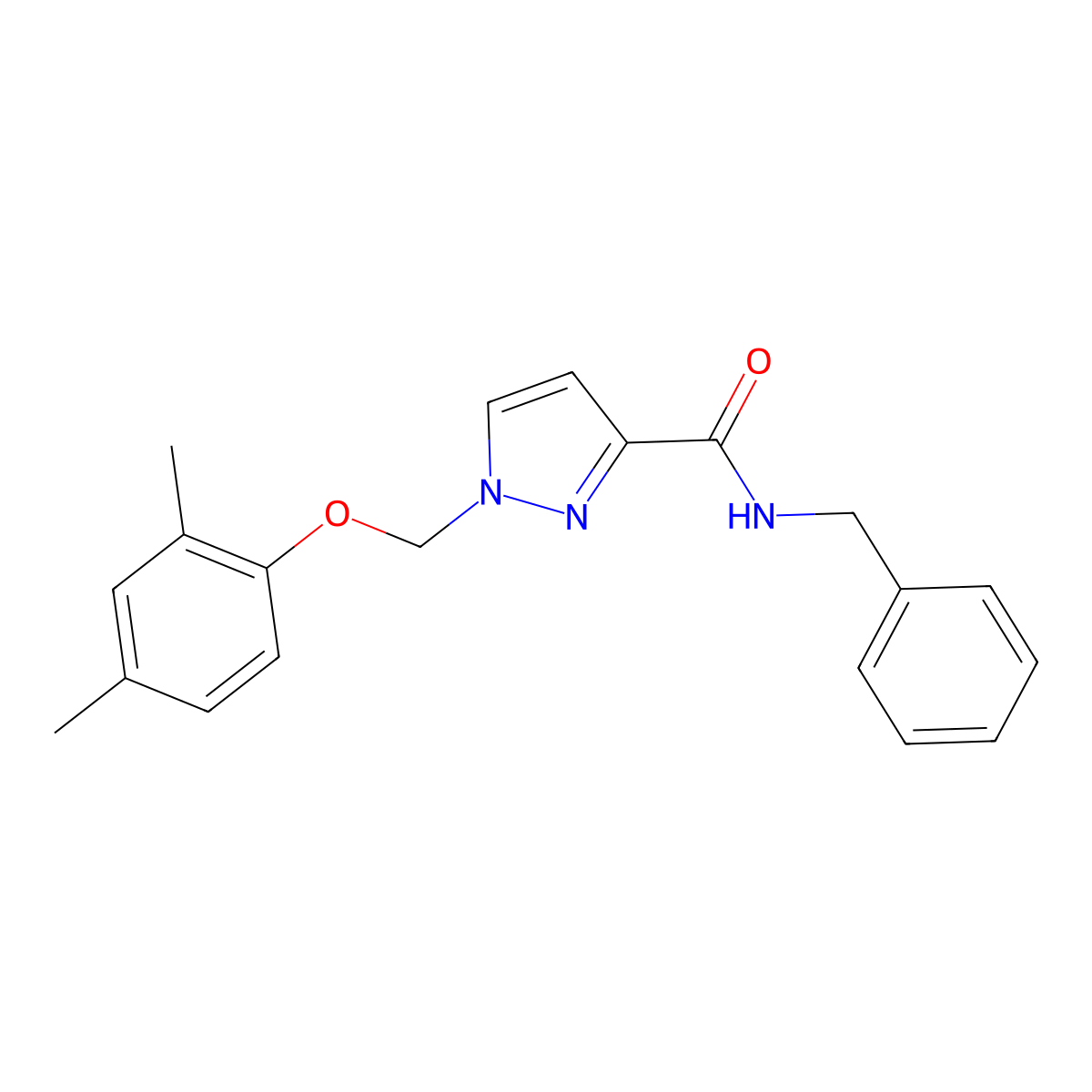 N-benzyl-1-[(2,4-dimethylphenoxy)methyl]pyrazole-3-carboxamide molecular structure, CAS 1005580-25-5