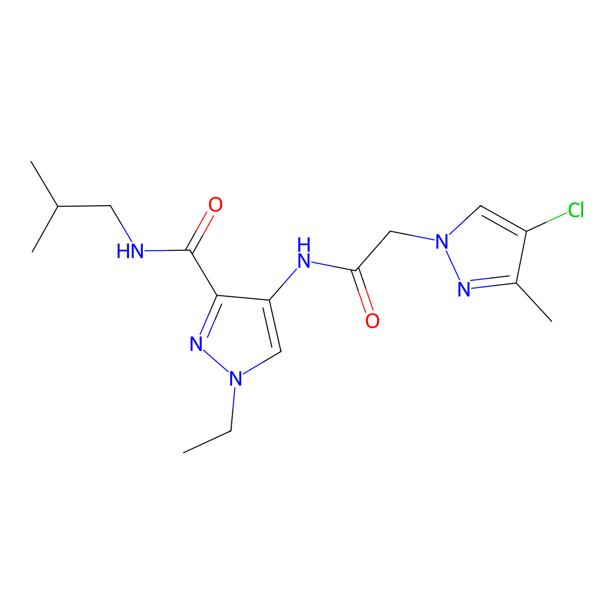 4-[[2-(4-chloro-3-methylpyrazol-1-yl)acetyl]amino]-1-ethyl-N-(2-methylpropyl)pyrazole-3-carboxamide molecular structure, CAS 1005580-33-5