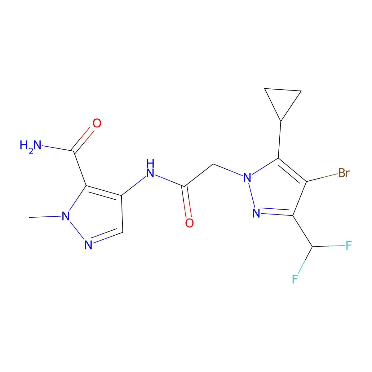4-({[4-bromo-5-cyclopropyl-3-(difluoromethyl)-1H-pyrazol-1-yl]acetyl}amino)-1-methyl-1H-pyrazole-5-carboxamide molecular structure, CAS 1005580-88-0