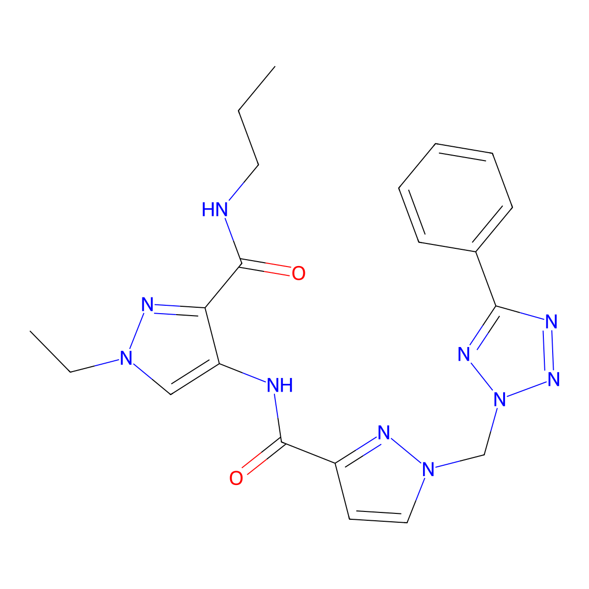 1-ethyl-4-[({1-[(5-phenyl-2H-tetrazol-2-yl)methyl]-1H-pyrazol-3-yl}carbonyl)amino]-N-propyl-1H-pyrazole-3-carboxamide molecular structure, CAS 1005581-07-6
