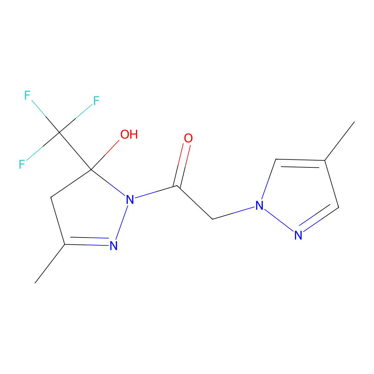 1-[5-hydroxy-3-methyl-5-(trifluoromethyl)-4,5-dihydro-1H-pyrazol-1-yl]-2-(4-methyl-1H-pyrazol-1-yl)ethanone molecular structure, CAS 1005581-20-3