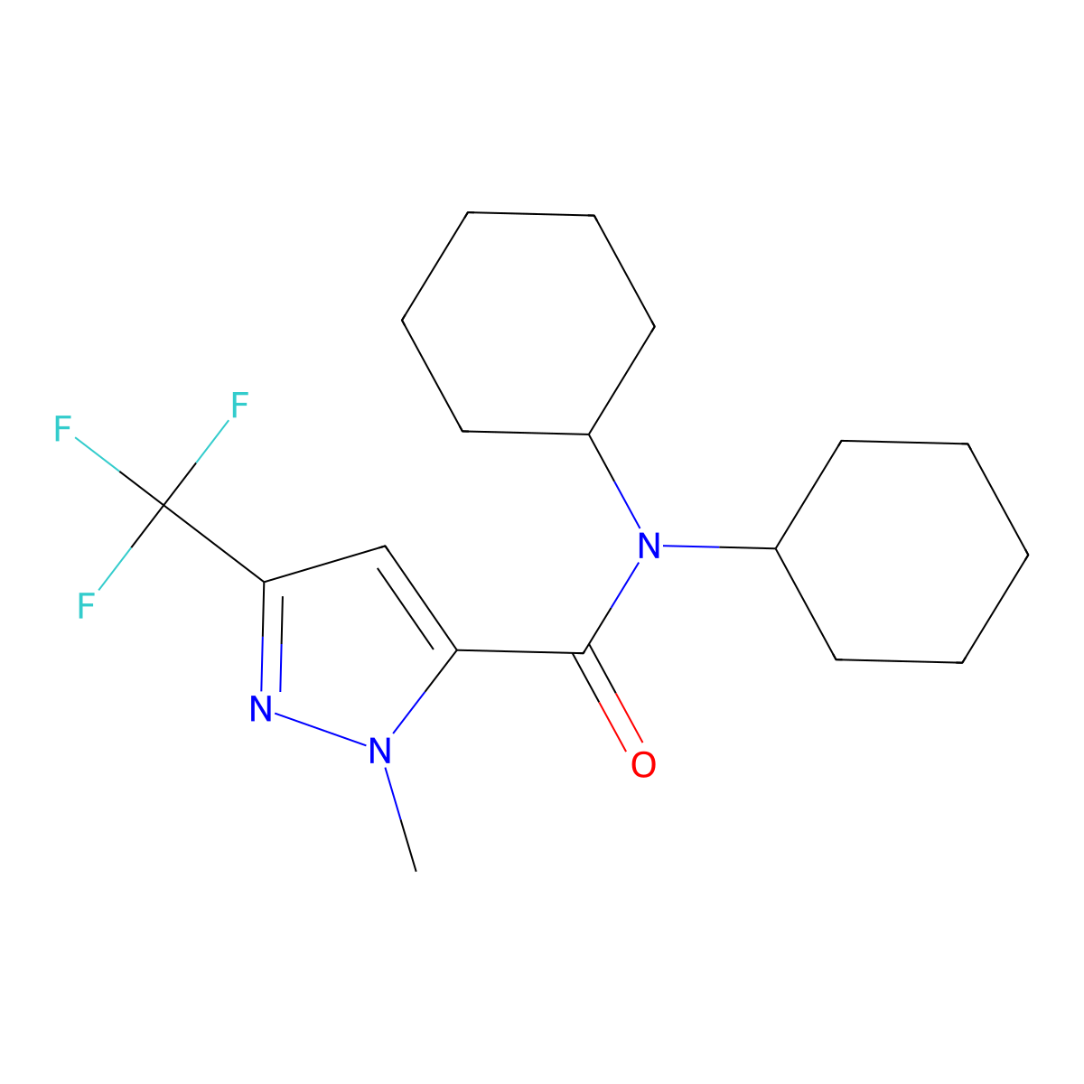 N,N-dicyclohexyl-2-methyl-5-(trifluoromethyl)pyrazole-3-carboxamide molecular structure, CAS 1005581-34-9