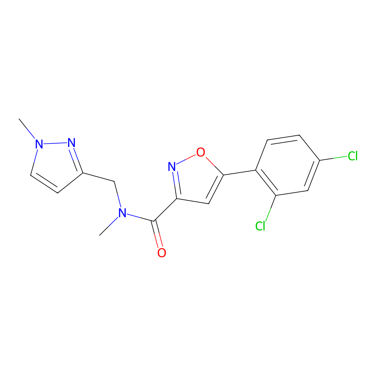 5-(2,4-dichlorophenyl)-N-methyl-N-[(1-methylpyrazol-3-yl)methyl]-1,2-oxazole-3-carboxamide molecular structure, CAS 1005581-49-6