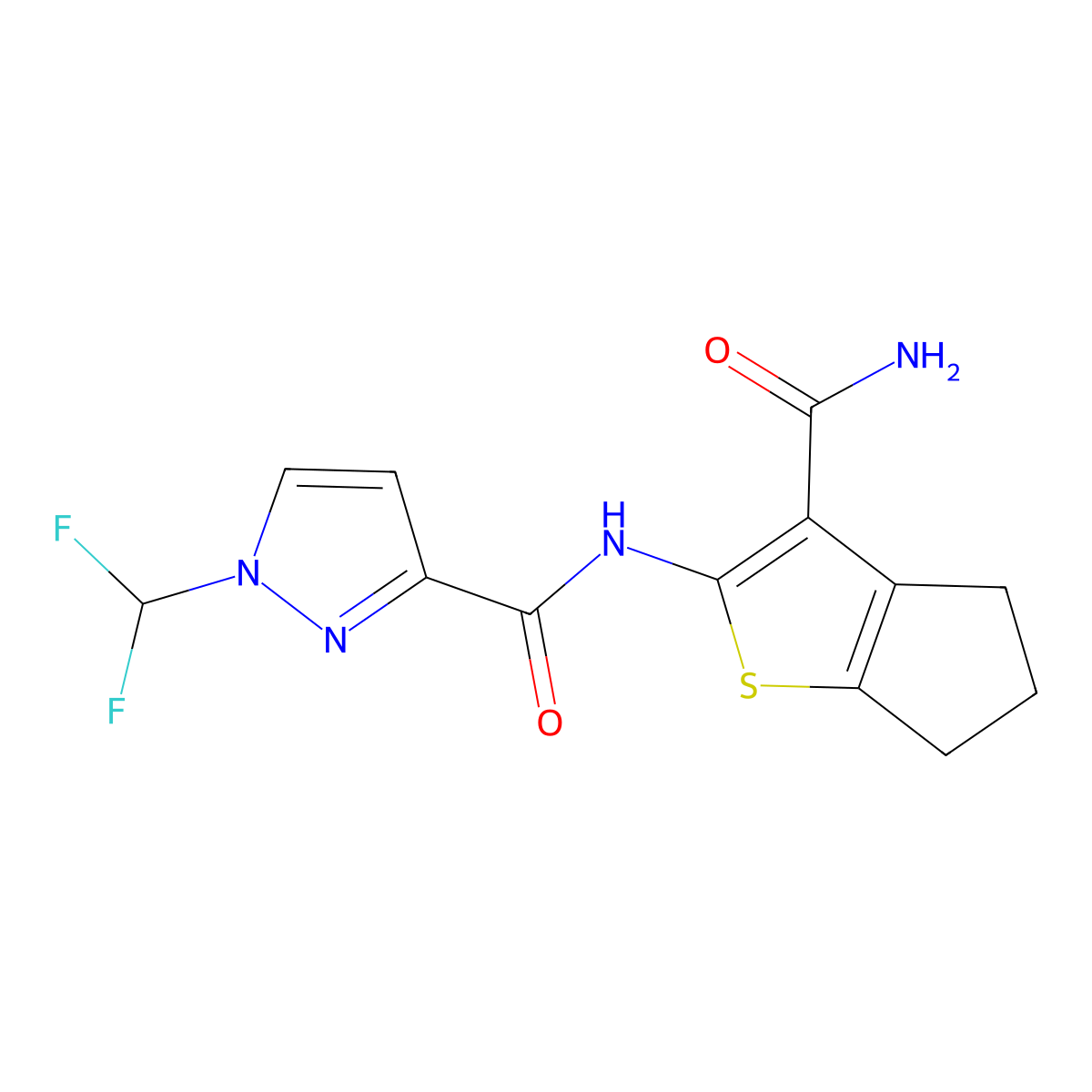 N-(3-carbamoyl-5,6-dihydro-4H-cyclopenta[b]thiophen-2-yl)-1-(difluoromethyl)pyrazole-3-carboxamide molecular structure, CAS 1005581-82-7