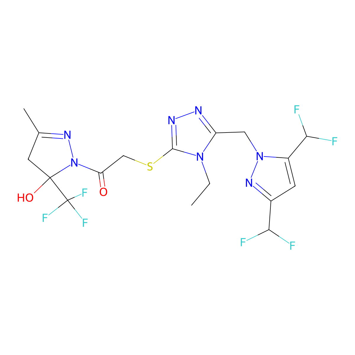 2-[[5-[[3,5-Bis(difluoromethyl)-1H-pyrazol-1-yl]methyl]-4-ethyl-4H-1,2,4-triazol-3-yl]thio]-1-[4,5-dihydro-5-hydroxy-3-methyl-5-(trifluoromethyl)-1H-pyrazol-1-yl]ethanone molecular structure, CAS 1005582-16-0