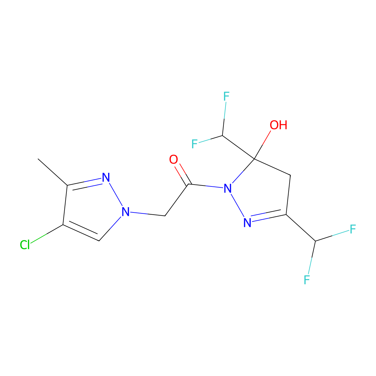 1-[3,5-bis(difluoromethyl)-5-hydroxy-4,5-dihydro-1H-pyrazol-1-yl]-2-(4-chloro-3-methyl-1H-pyrazol-1-yl)ethanone molecular structure, CAS 1005582-34-2