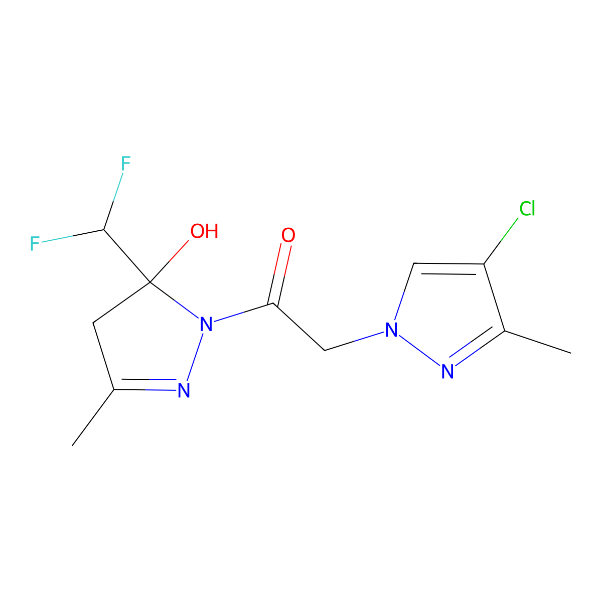 2-(4-chloro-3-methyl-1H-pyrazol-1-yl)-1-[5-(difluoromethyl)-5-hydroxy-3-methyl-4,5-dihydro-1H-pyrazol-1-yl]ethanone molecular structure, CAS 1005582-42-2