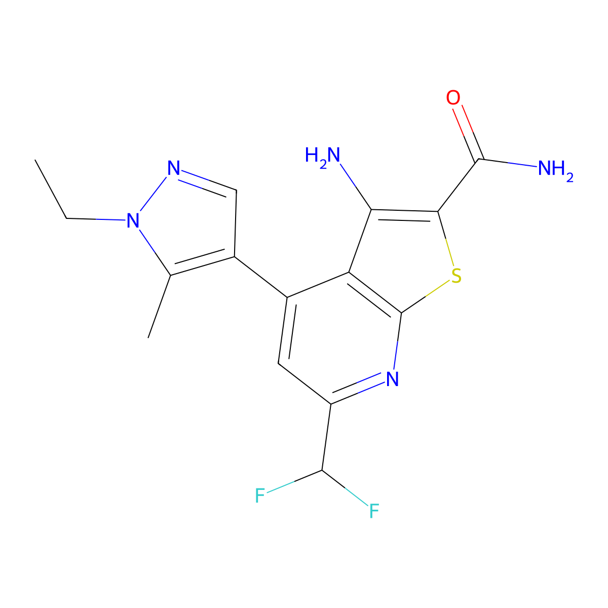 3-amino-6-(difluoromethyl)-4-(1-ethyl-5-methyl-1H-pyrazol-4-yl)thieno[2,3-b]pyridine-2-carboxamide molecular structure, CAS 1005582-49-9