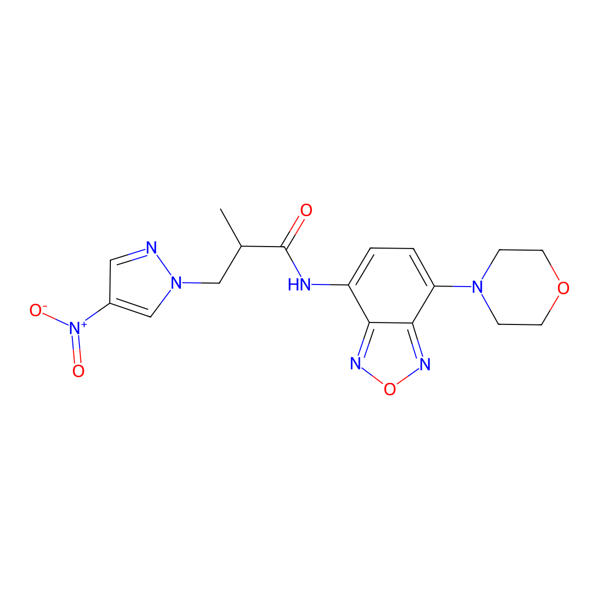 2-methyl-N-(4-morpholin-4-yl-2,1,3-benzoxadiazol-7-yl)-3-(4-nitropyrazol-1-yl)propanamide molecular structure, CAS 1005582-60-4
