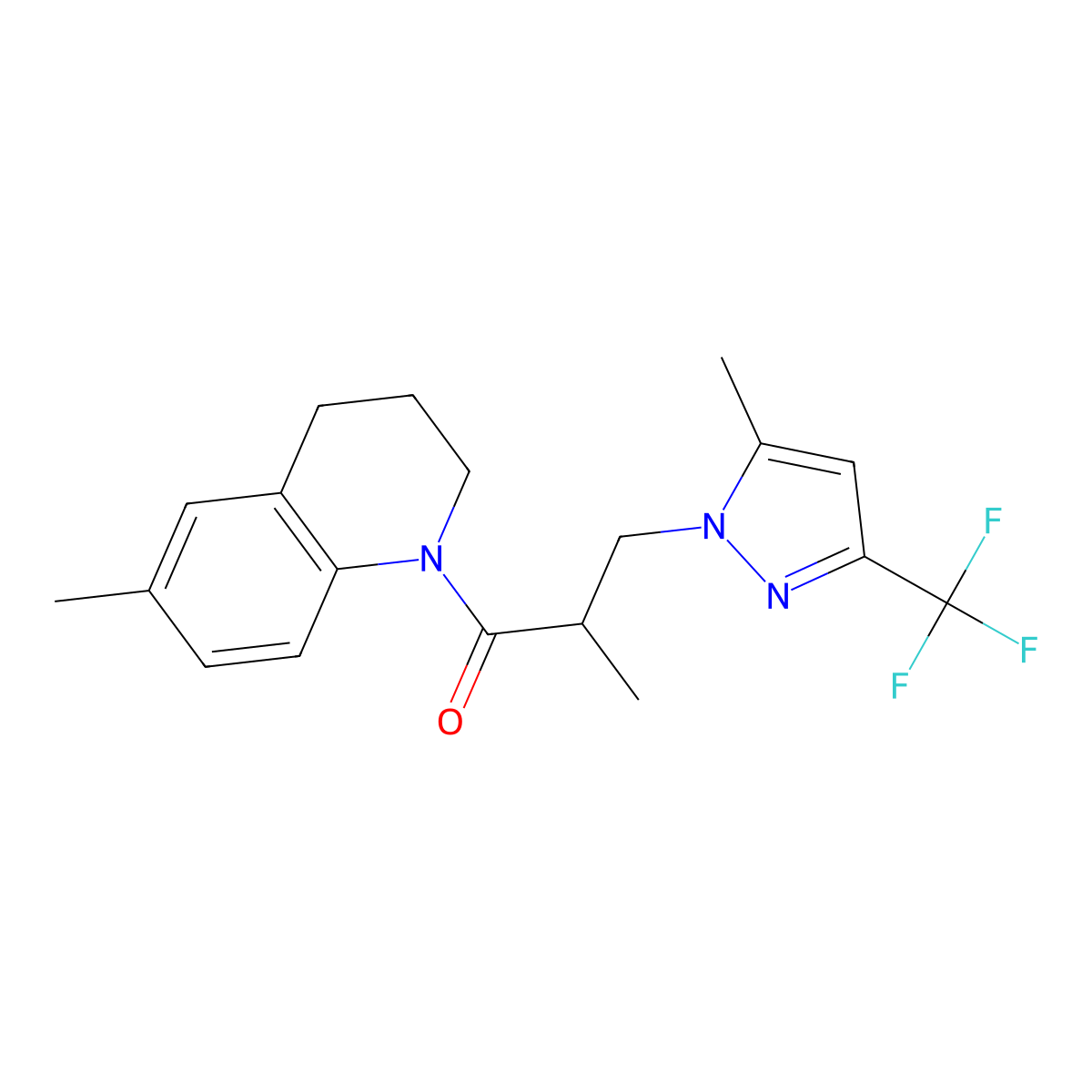 2-methyl-1-(6-methyl-3,4-dihydro-2H-quinolin-1-yl)-3-[5-methyl-3-(trifluoromethyl)pyrazol-1-yl]propan-1-one molecular structure, CAS 1005583-21-0