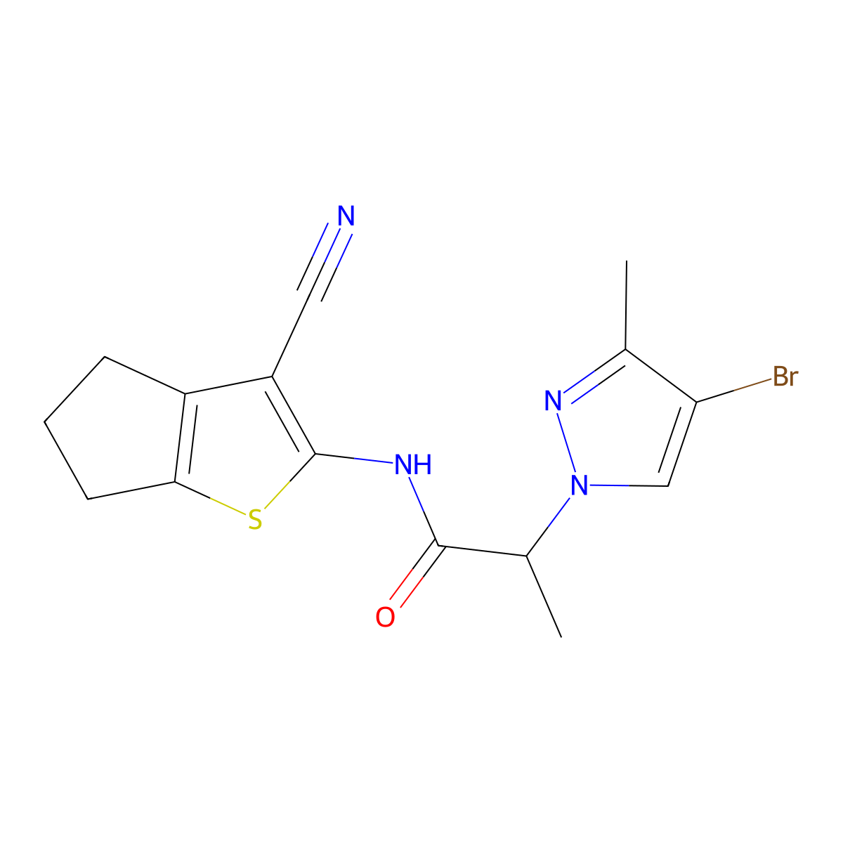 2-(4-bromo-3-methyl-1H-pyrazol-1-yl)-N-(3-cyano-5,6-dihydro-4H-cyclopenta[b]thiophen-2-yl)propanamide molecular structure, CAS 1005583-33-4