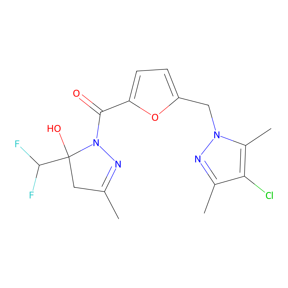 {5-[(4-chloro-3,5-dimethyl-1H-pyrazol-1-yl)methyl]furan-2-yl}[5-(difluoromethyl)-5-hydroxy-3-methyl-4,5-dihydro-1H-pyrazol-1-yl]methanone molecular structure, CAS 1005583-37-8