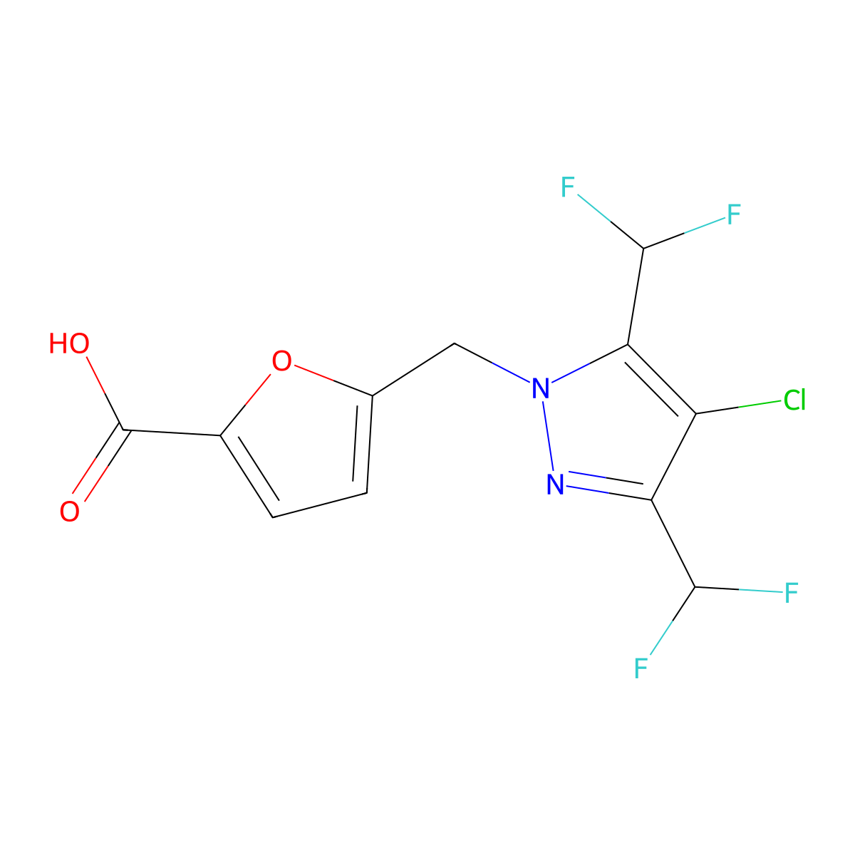 5-((4-Chloro-3,5-bis(difluoromethyl)-1H-pyrazol-1-yl)methyl)furan-2-carboxylic acid molecular structure, CAS 1005583-72-1