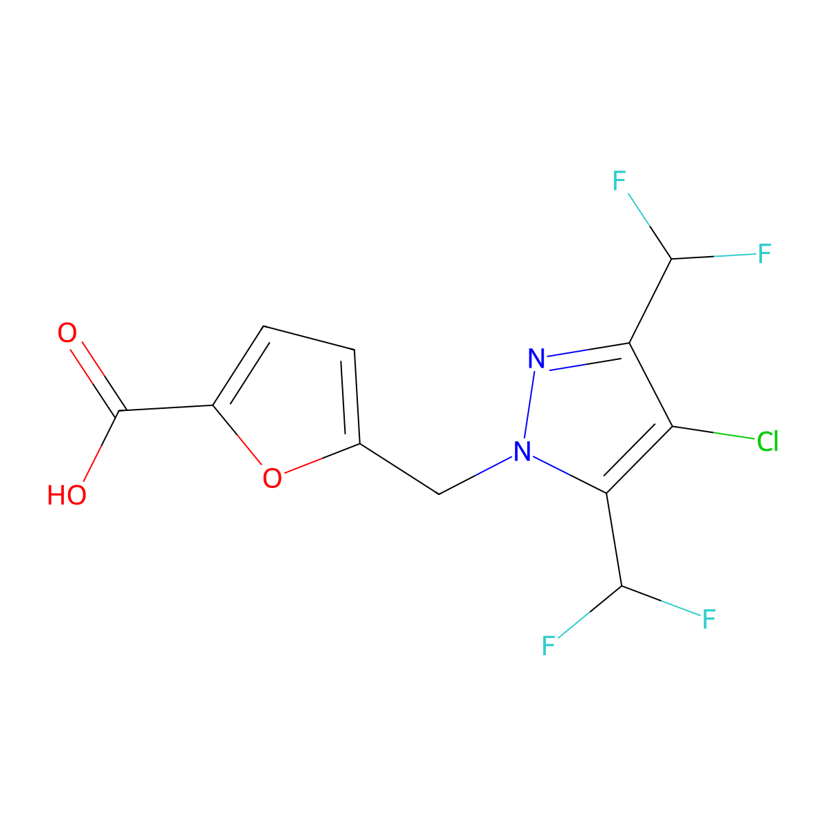 5-((4-Chloro-3,5-bis(difluoromethyl)-1H-pyrazol-1-yl)methyl)furan-2-carboxylic acid molecular structure, CAS 1005583-72-1