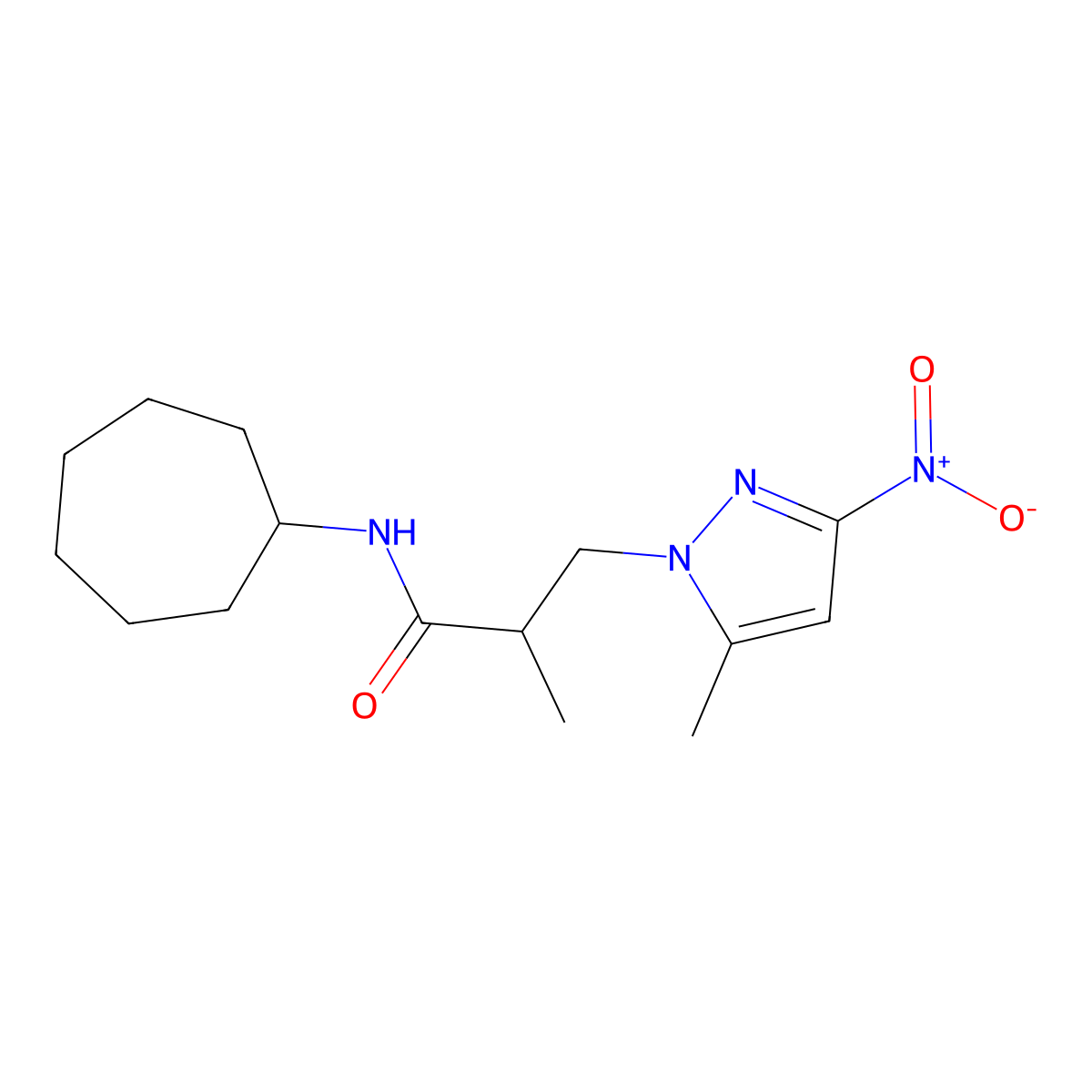 N-cycloheptyl-2-methyl-3-(5-methyl-3-nitropyrazol-1-yl)propanamide molecular structure, CAS 1005583-99-2
