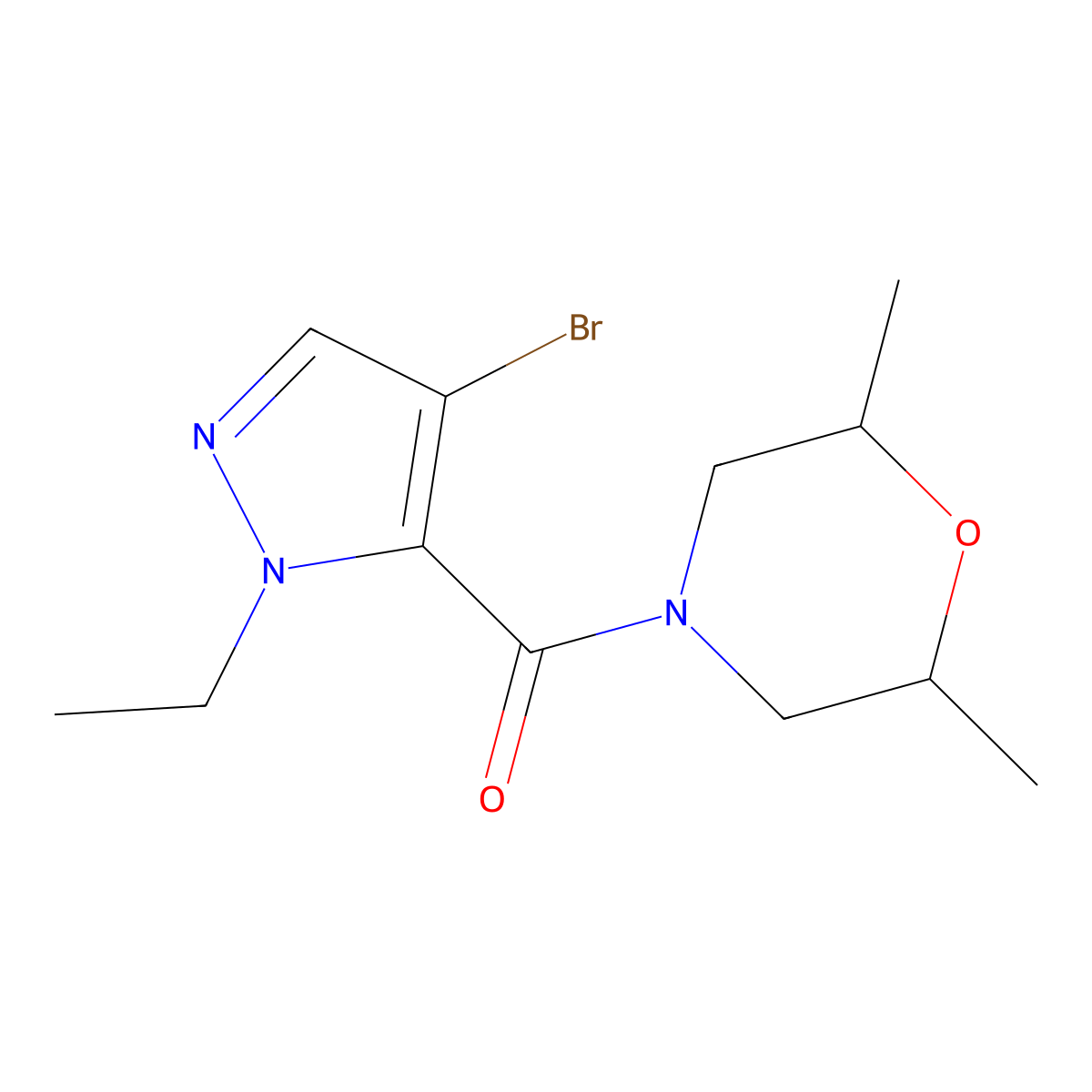 (4-bromo-1-ethyl-1H-pyrazol-5-yl)(2,6-dimethylmorpholin-4-yl)methanone molecular structure, CAS 1005584-18-8