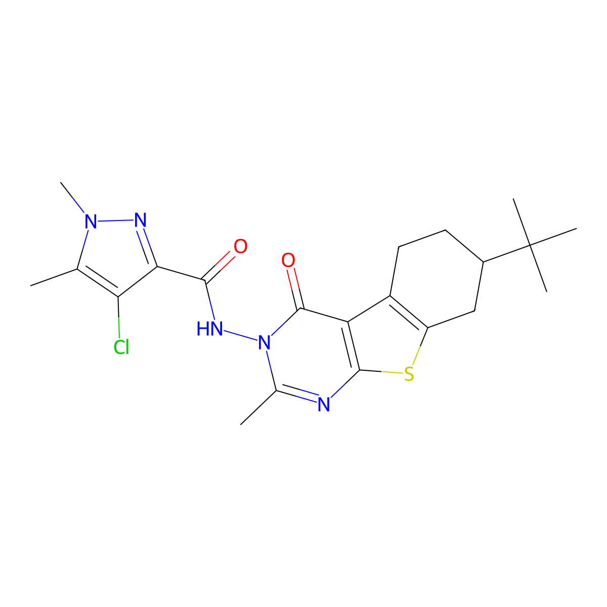 4-Chloro-N-[7-(1,1-dimethylethyl)-5,6,7,8-tetrahydro-2-methyl-4-oxo[1]benzothieno[2,3-d]pyrimidin-3(4H)-yl]-1,5-dimethyl-1H-pyrazole-3-carboxamide molecular structure, CAS 1005584-31-5