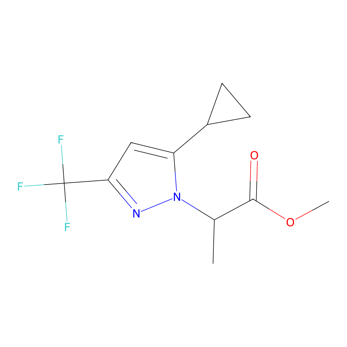 Methyl 2-(5-cyclopropyl-3-(trifluoromethyl)-1H-pyrazol-1-yl)propanoate molecular structure, CAS 1005584-76-8