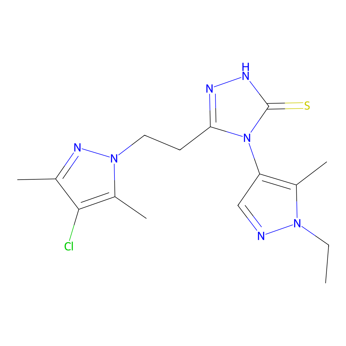 3-[2-(4-chloro-3,5-dimethylpyrazol-1-yl)ethyl]-4-(1-ethyl-5-methylpyrazol-4-yl)-1H-1,2,4-triazole-5-thione molecular structure, CAS 1005584-81-5