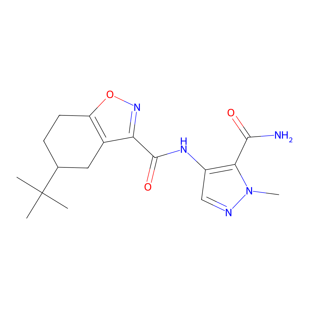 5-tert-butyl-N-(5-carbamoyl-1-methyl-1H-pyrazol-4-yl)-4,5,6,7-tetrahydro-1,2-benzoxazole-3-carboxamide molecular structure, CAS 1005584-91-7