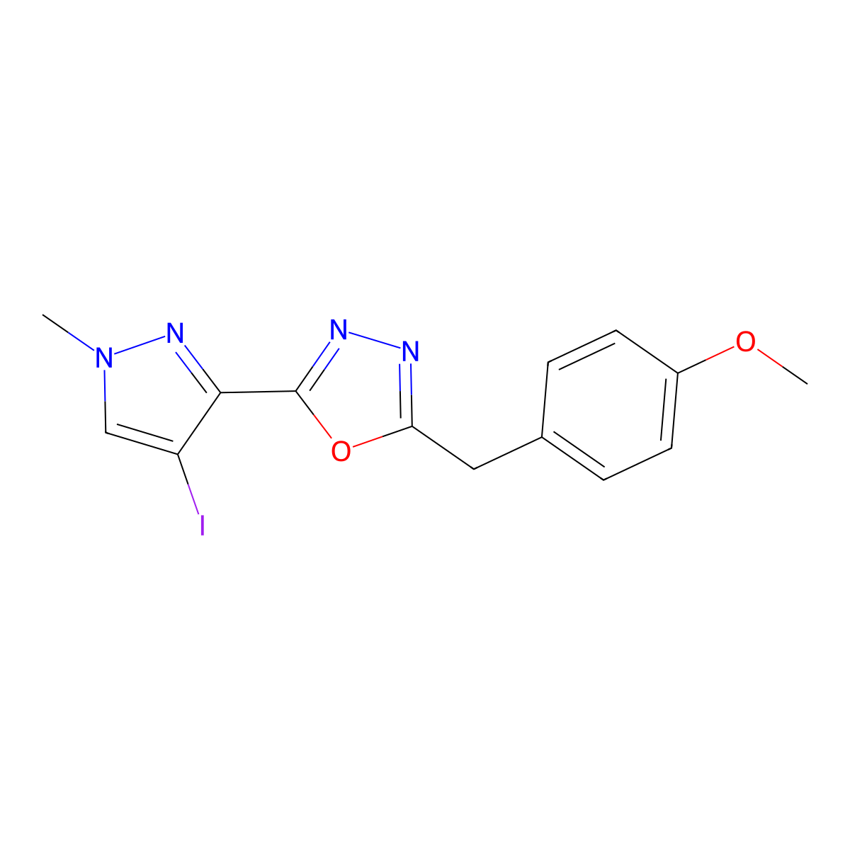 2-(4-Iodo-1-methylpyrazol-3-yl)-5-[(4-methoxyphenyl)methyl]-1,3,4-oxadiazole molecular structure, CAS 1005584-95-1