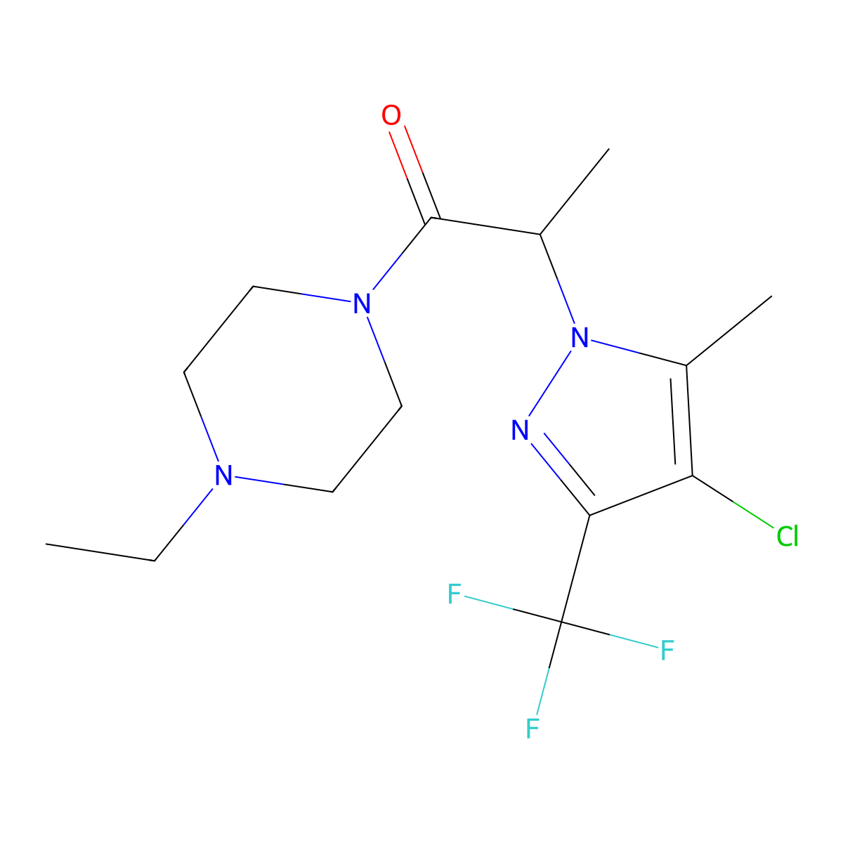 2-[4-Chloro-5-methyl-3-(trifluoromethyl)pyrazol-1-yl]-1-(4-ethylpiperazin-1-yl)propan-1-one molecular structure, CAS 1005585-10-3