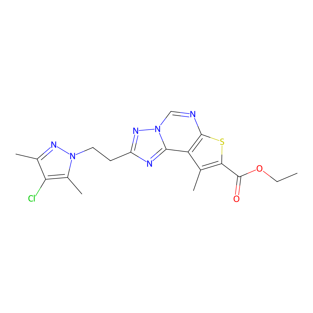ethyl 2-[2-(4-chloro-3,5-dimethyl-1H-pyrazol-1-yl)ethyl]-9-methylthieno[3,2-e][1,2,4]triazolo[1,5-c]pyrimidine-8-carboxylate molecular structure, CAS 1005585-52-3