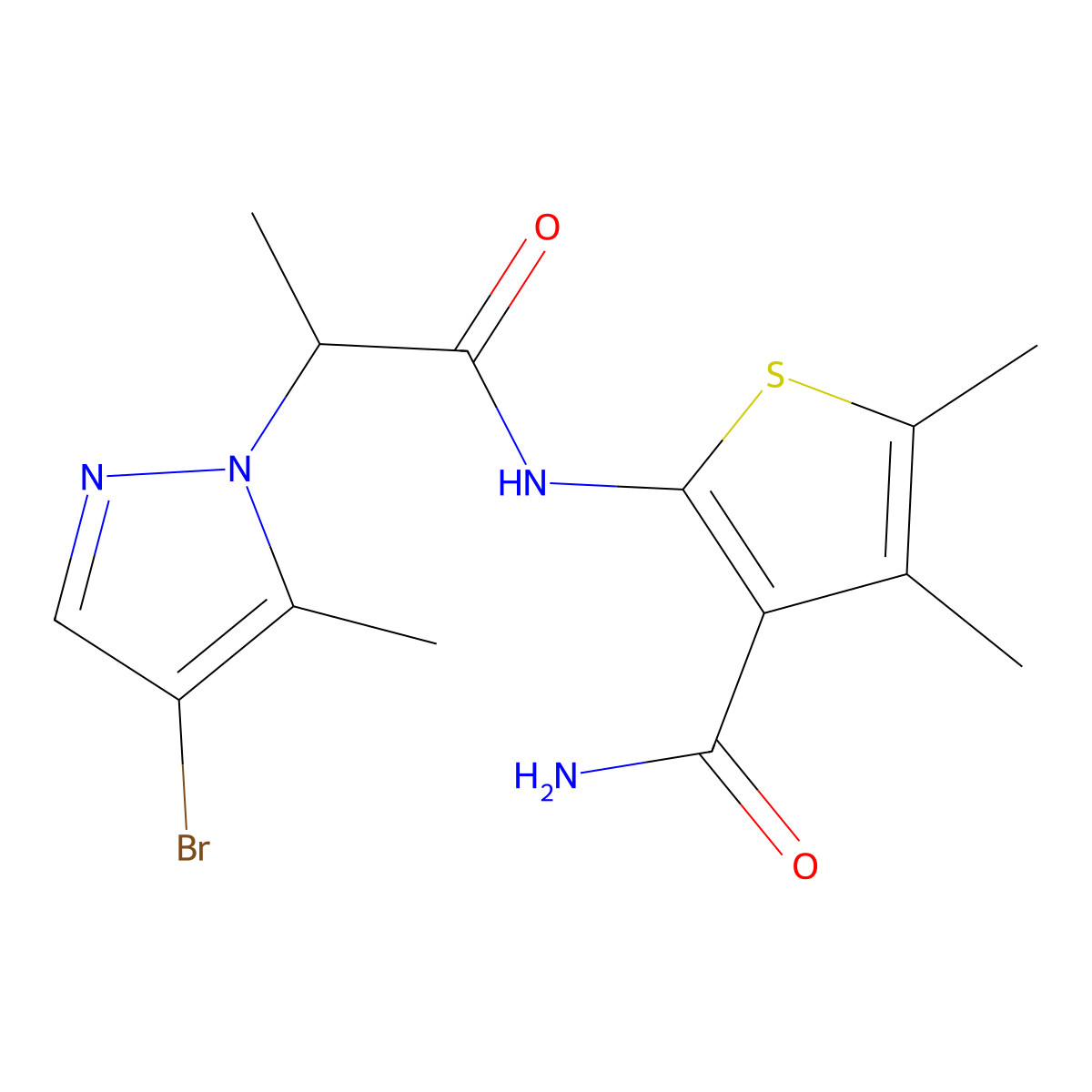2-{[2-(4-bromo-5-methyl-1H-pyrazol-1-yl)propanoyl]amino}-4,5-dimethylthiophene-3-carboxamide molecular structure, CAS 1005585-62-5