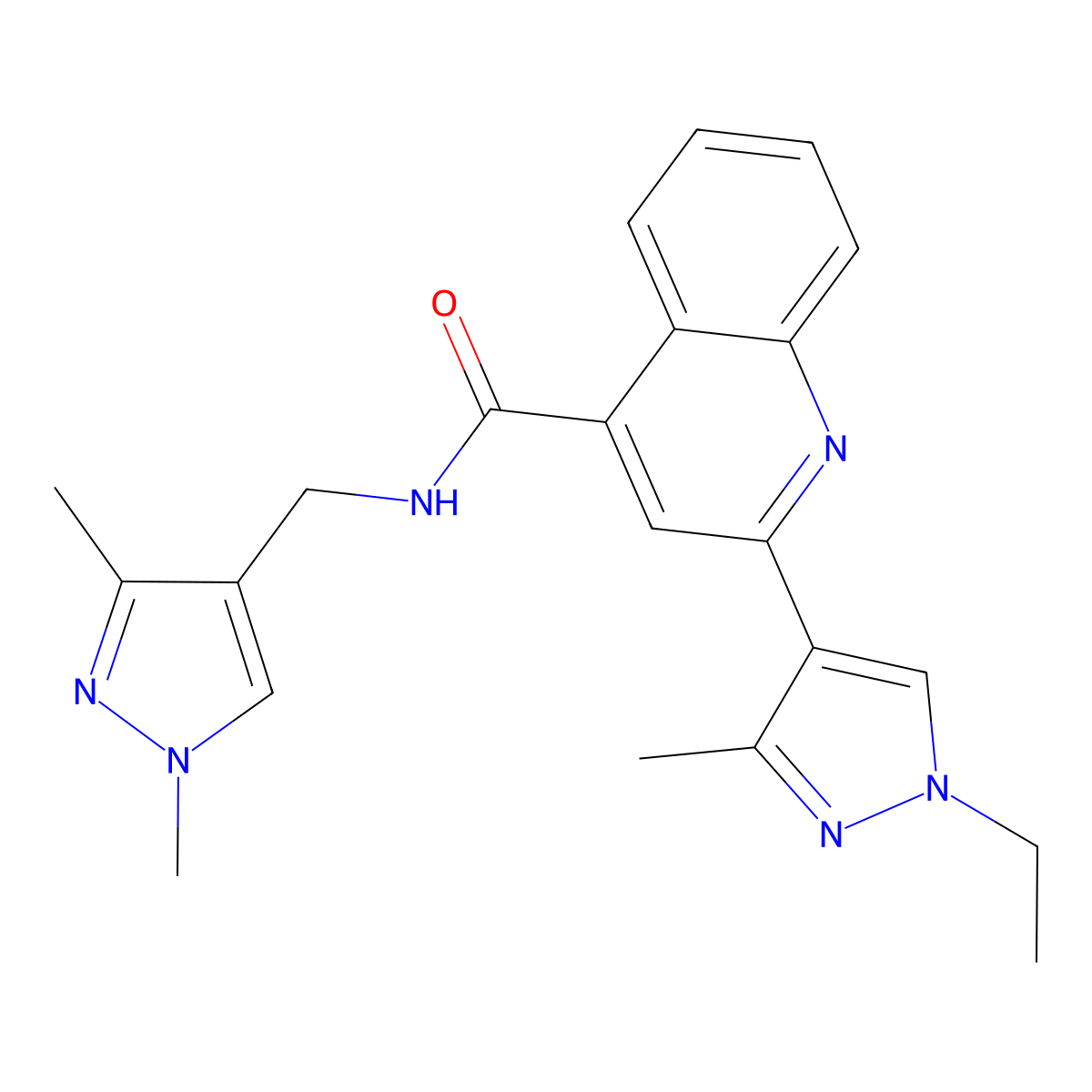 N-[(1,3-dimethylpyrazol-4-yl)methyl]-2-(1-ethyl-3-methylpyrazol-4-yl)quinoline-4-carboxamide molecular structure, CAS 1005585-67-0