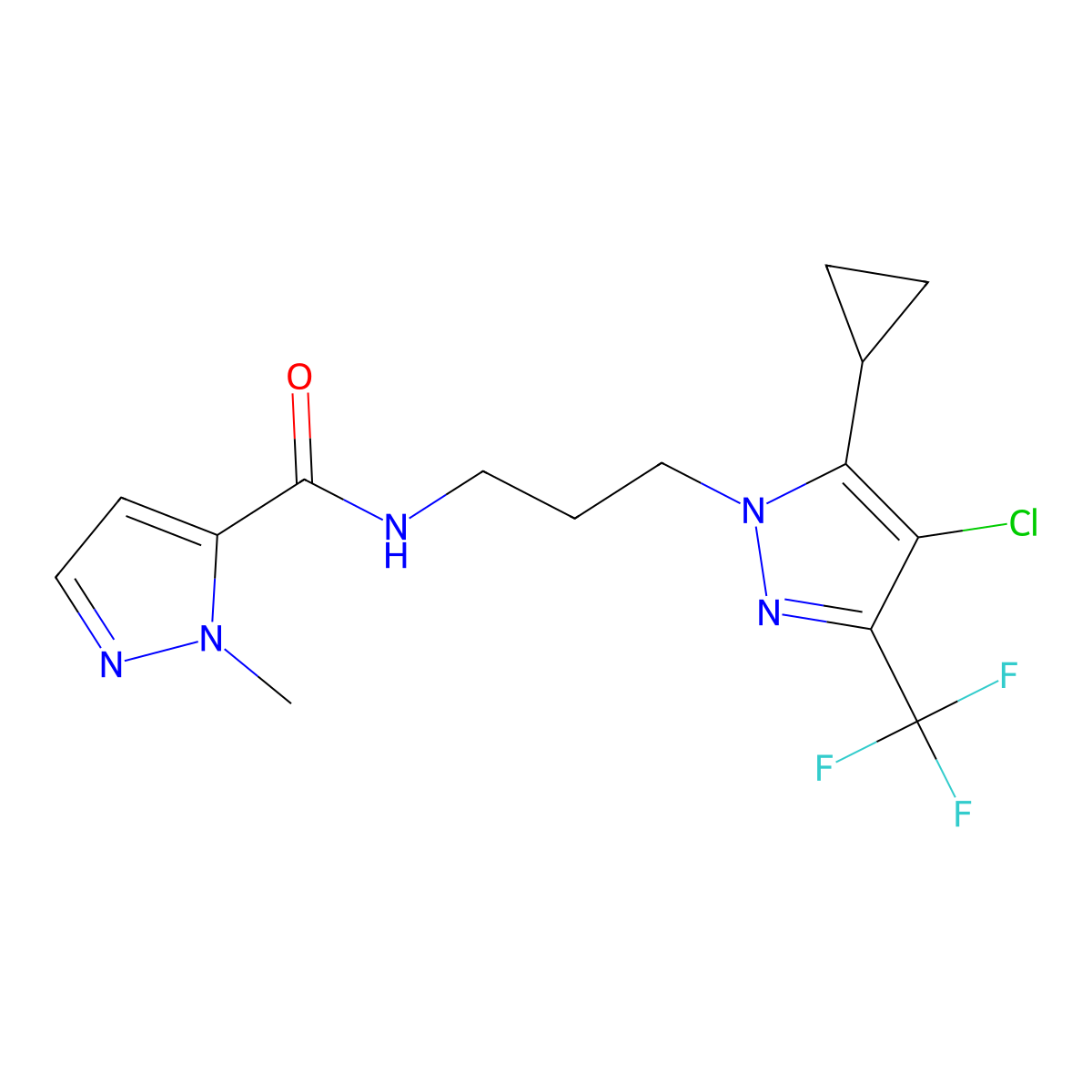 N-{3-[4-chloro-5-cyclopropyl-3-(trifluoromethyl)-1H-pyrazol-1-yl]propyl}-1-methyl-1H-pyrazole-5-carboxamide molecular structure, CAS 1005585-78-3