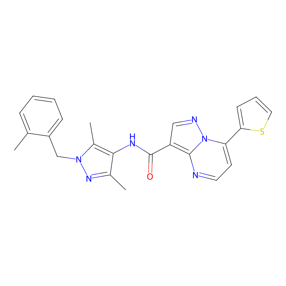 N-[3,5-dimethyl-1-[(2-methylphenyl)methyl]pyrazol-4-yl]-7-thiophen-2-ylpyrazolo[1,5-a]pyrimidine-3-carboxamide molecular structure, CAS 1005585-82-9