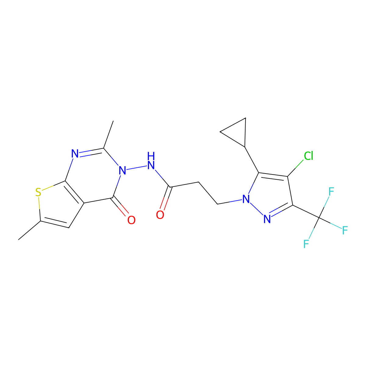 3-[4-chloro-5-cyclopropyl-3-(trifluoromethyl)pyrazol-1-yl]-N-(2,6-dimethyl-4-oxothieno[2,3-d]pyrimidin-3-yl)propanamide molecular structure, CAS 1005585-90-9