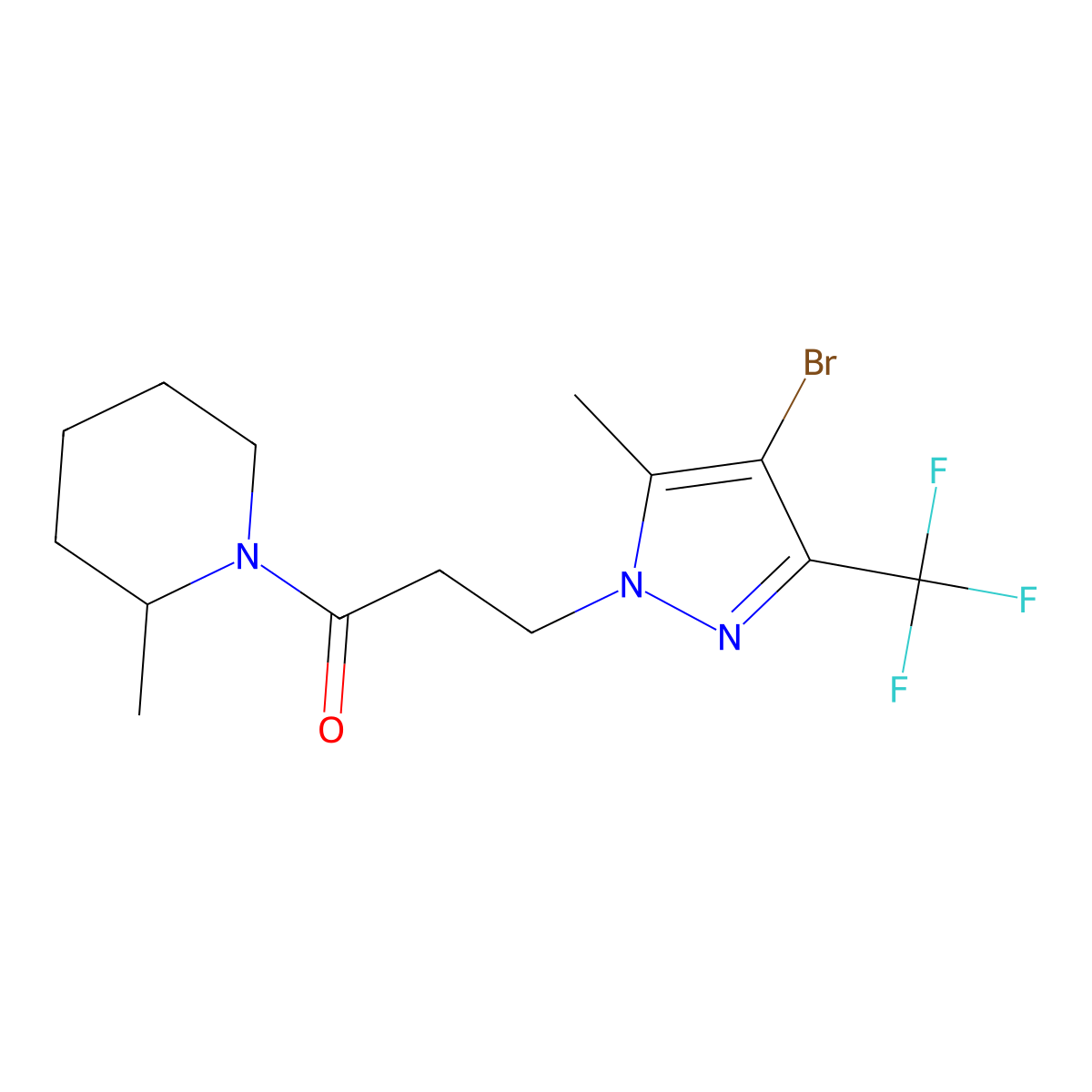 3-[4-Bromo-5-methyl-3-(trifluoromethyl)pyrazol-1-yl]-1-(2-methylpiperidin-1-yl)propan-1-one molecular structure, CAS 1005586-03-7