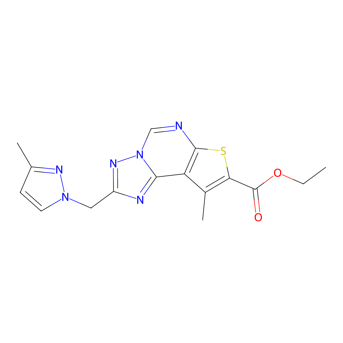 ethyl 9-methyl-2-[(3-methyl-1H-pyrazol-1-yl)methyl]thieno[3,2-e][1,2,4]triazolo[1,5-c]pyrimidine-8-carboxylate molecular structure, CAS 1005586-23-1