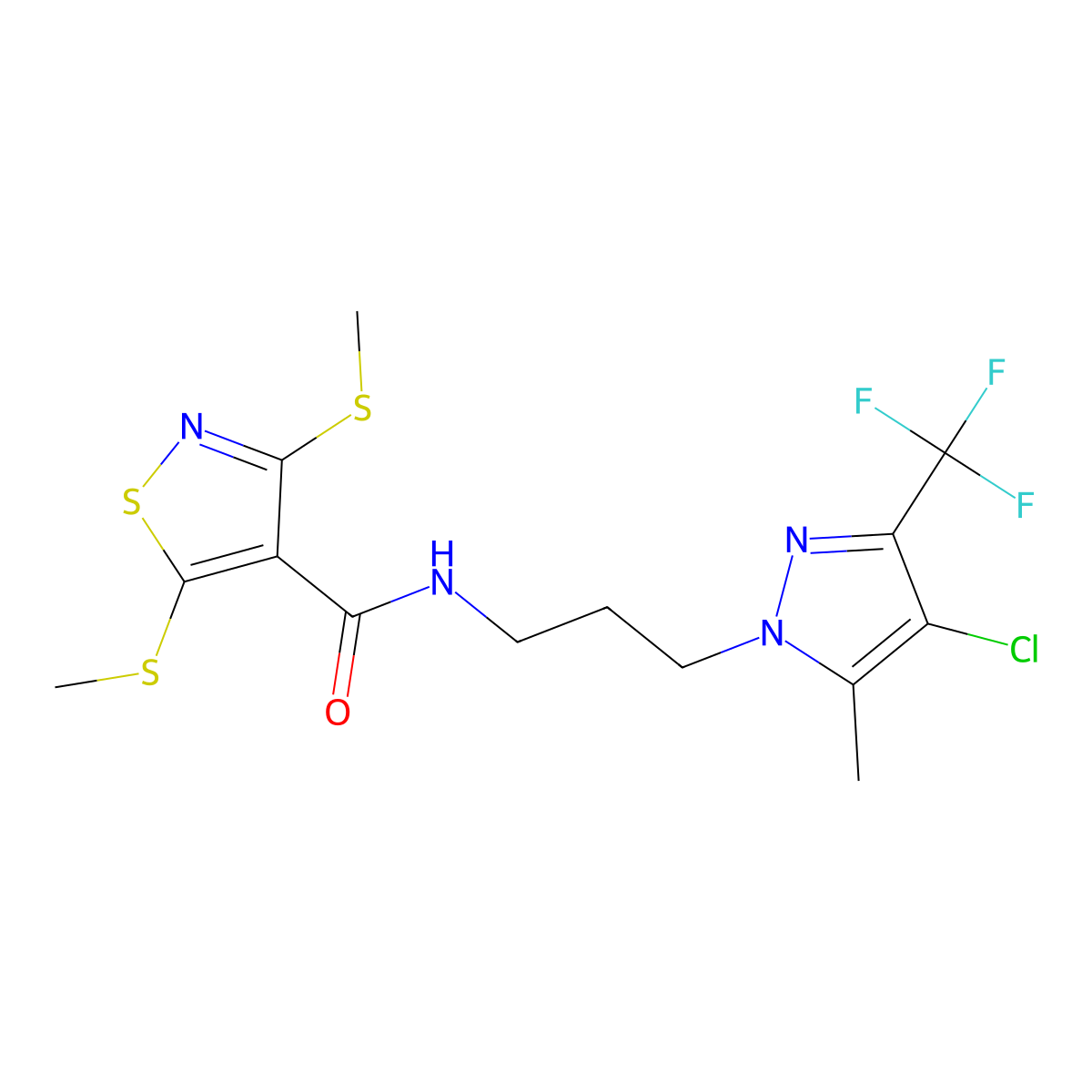 N-[3-[4-chloro-5-methyl-3-(trifluoromethyl)pyrazol-1-yl]propyl]-3,5-bis(methylsulfanyl)-1,2-thiazole-4-carboxamide molecular structure, CAS 1005586-26-4