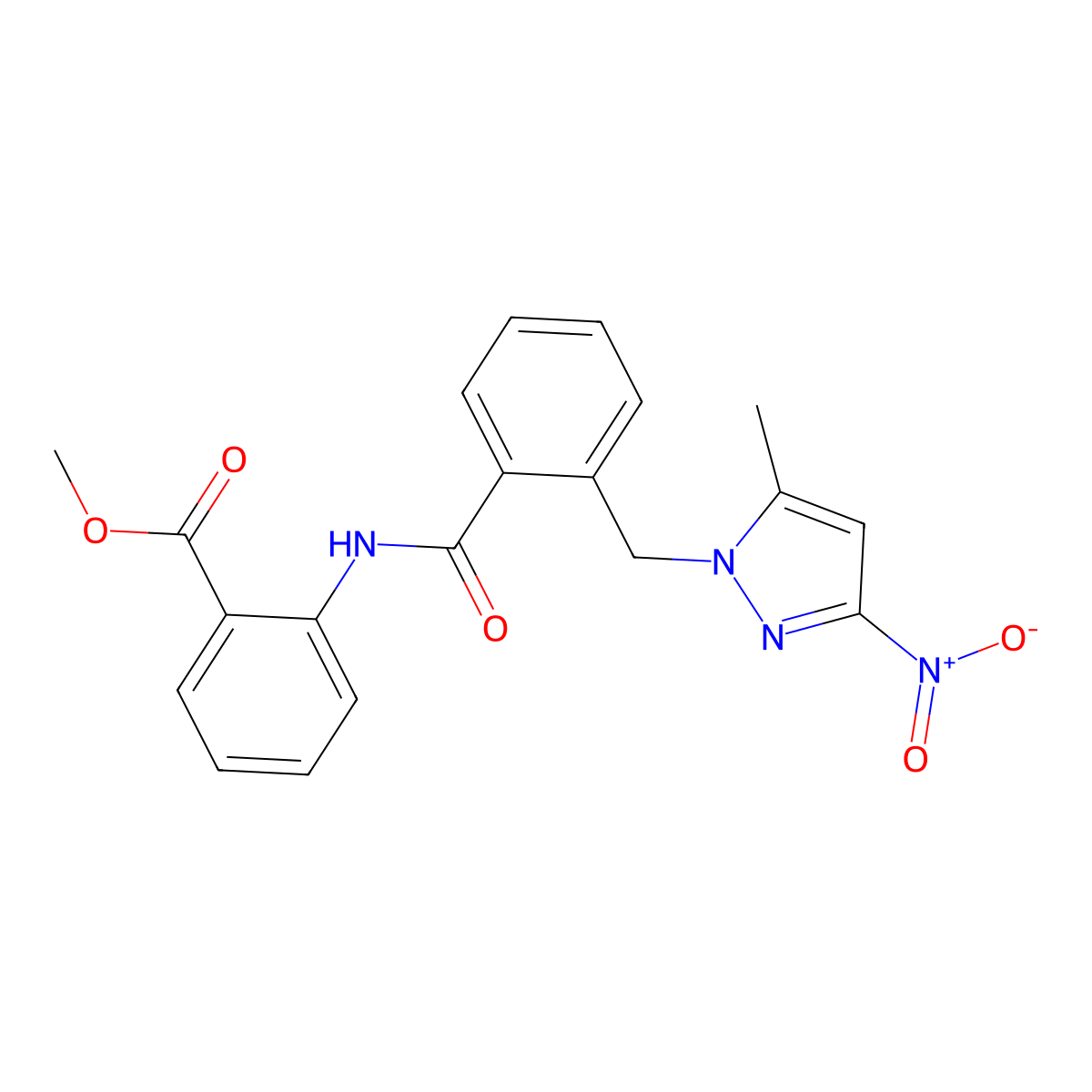 methyl 2-[({2-[(5-methyl-3-nitro-1H-pyrazol-1-yl)methyl]phenyl}carbonyl)amino]benzoate molecular structure, CAS 1005586-27-5