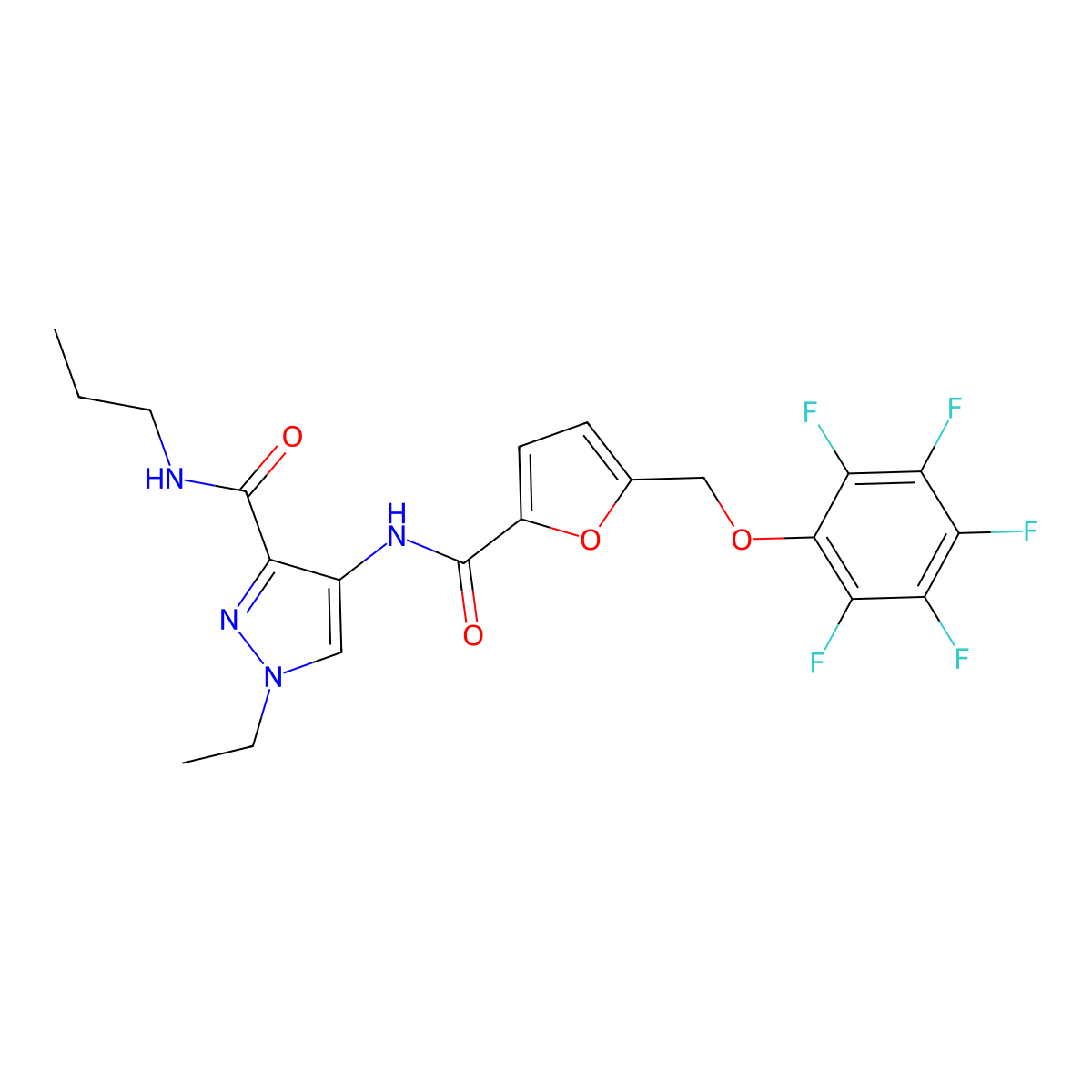 1-ethyl-4-[[5-[(2,3,4,5,6-pentafluorophenoxy)methyl]furan-2-carbonyl]amino]-N-propylpyrazole-3-carboxamide molecular structure, CAS 1005586-28-6