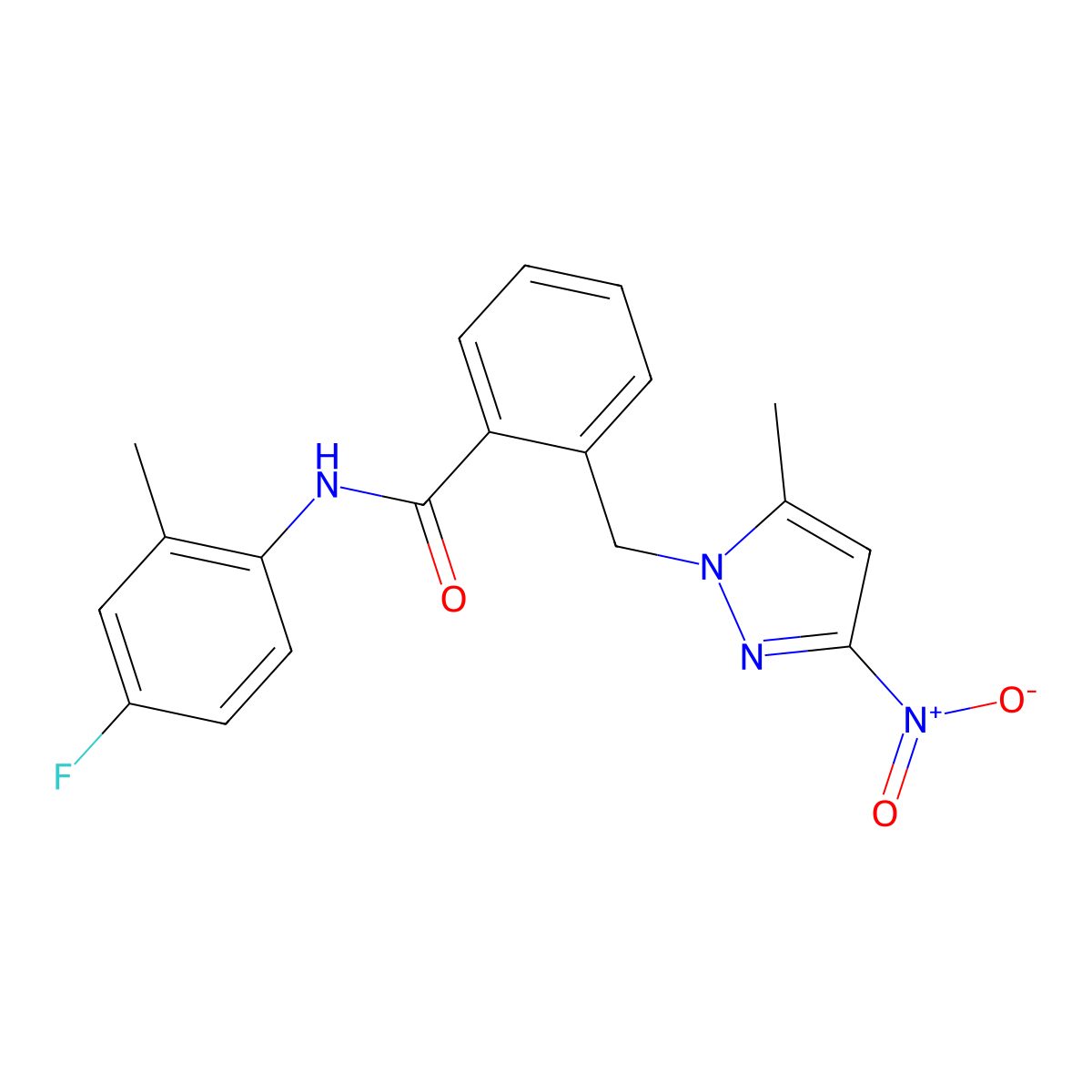 N-(4-fluoro-2-methylphenyl)-2-[(5-methyl-3-nitro-1H-pyrazol-1-yl)methyl]benzamide molecular structure, CAS 1005586-42-4
