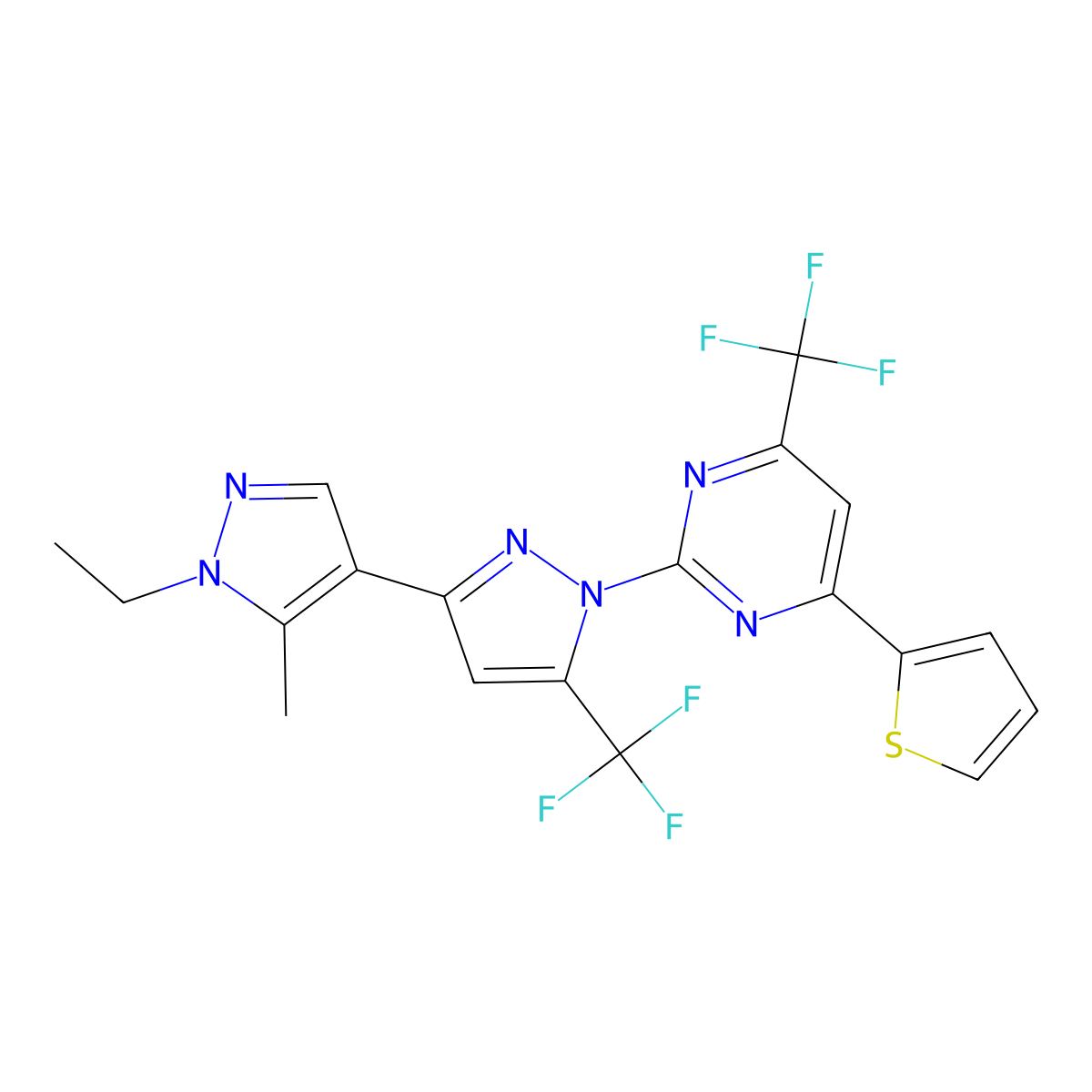 2-[3-(1-Ethyl-5-methylpyrazol-4-yl)-5-(trifluoromethyl)pyrazol-1-yl]-4-thiophen-2-yl-6-(trifluoromethyl)pyrimidine molecular structure, CAS 1005586-50-4