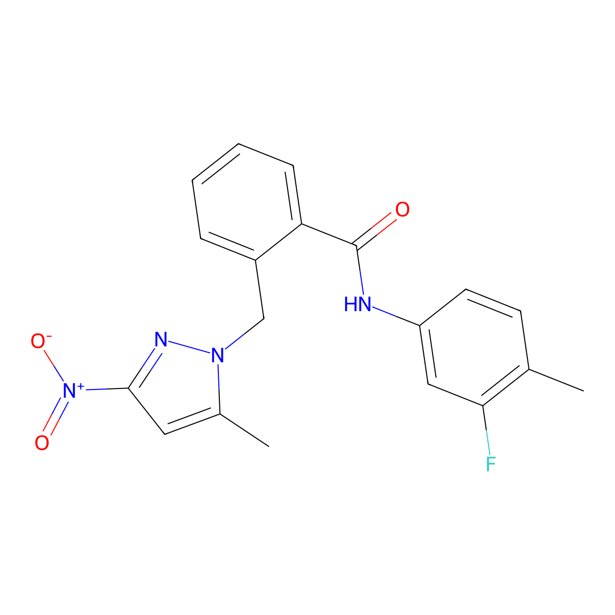 N-(3-fluoro-4-methylphenyl)-2-[(5-methyl-3-nitro-1H-pyrazol-1-yl)methyl]benzamide molecular structure, CAS 1005586-52-6