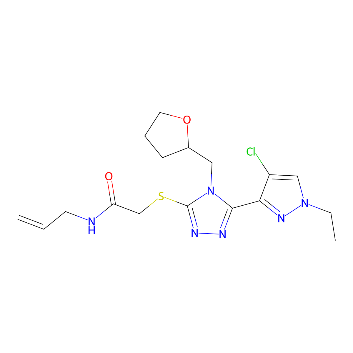 2-{[5-(4-chloro-1-ethyl-1H-pyrazol-3-yl)-4-(tetrahydrofuran-2-ylmethyl)-4H-1,2,4-triazol-3-yl]sulfanyl}-N-(prop-2-en-1-yl)acetamide molecular structure, CAS 1005586-61-7
