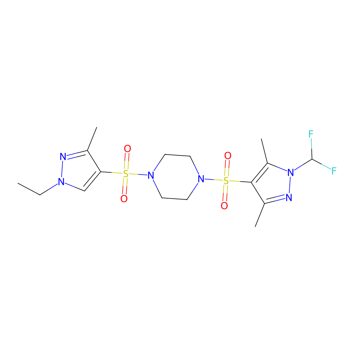 1-{[1-(difluoromethyl)-3,5-dimethyl-1H-pyrazol-4-yl]sulfonyl}-4-[(1-ethyl-3-methyl-1H-pyrazol-4-yl)sulfonyl]piperazine molecular structure, CAS 1005586-80-0