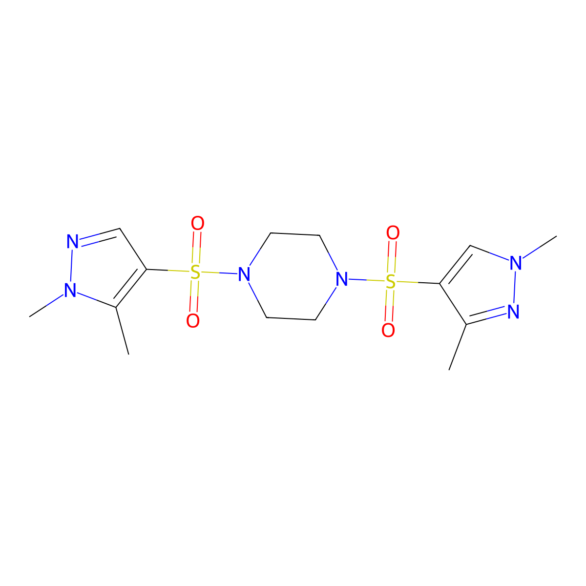 1-[(1,3-dimethyl-1H-pyrazol-4-yl)sulfonyl]-4-[(1,5-dimethyl-1H-pyrazol-4-yl)sulfonyl]piperazine molecular structure, CAS 1005586-90-2