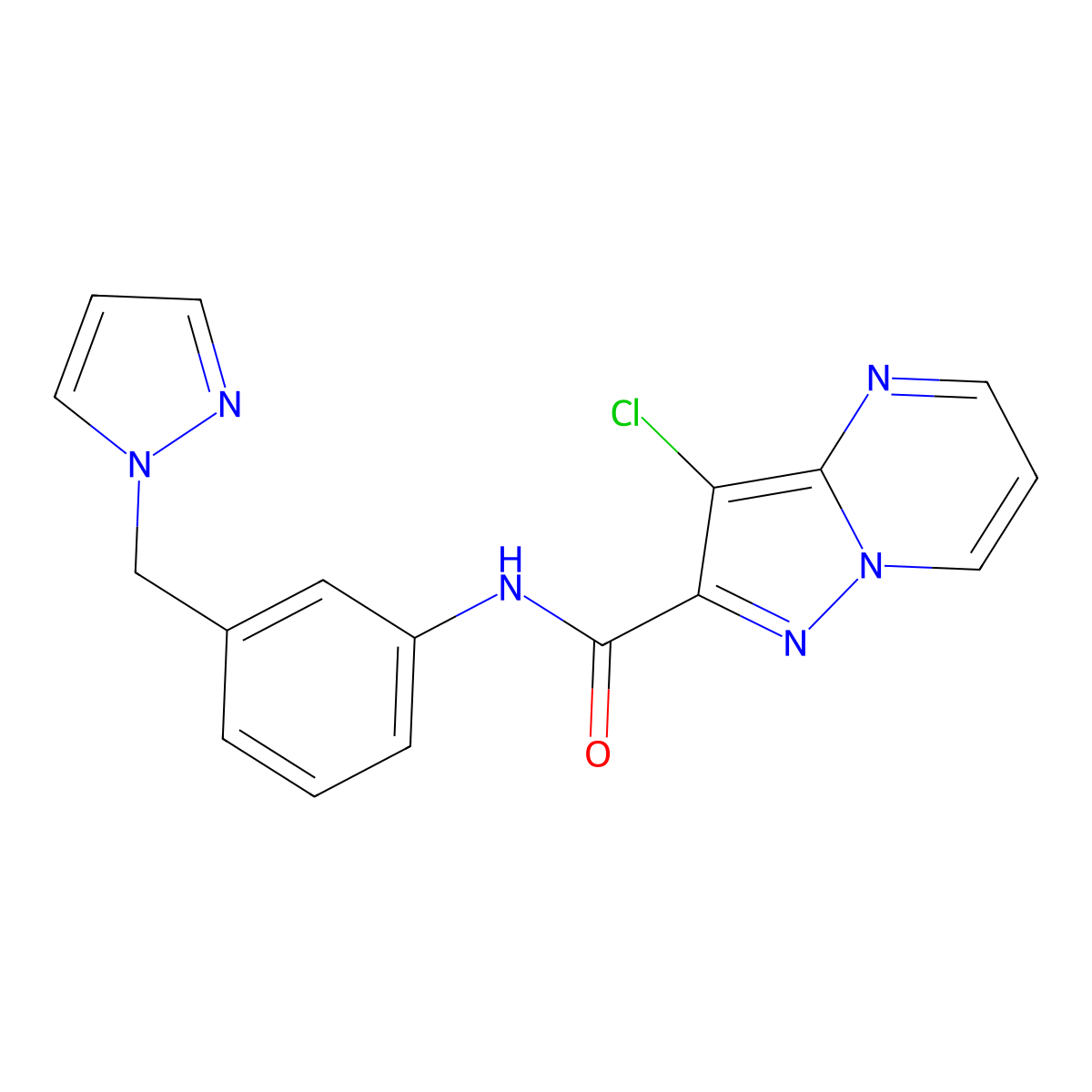 3-chloro-N-[3-(pyrazol-1-ylmethyl)phenyl]pyrazolo[1,5-a]pyrimidine-2-carboxamide molecular structure, CAS 1005586-93-5