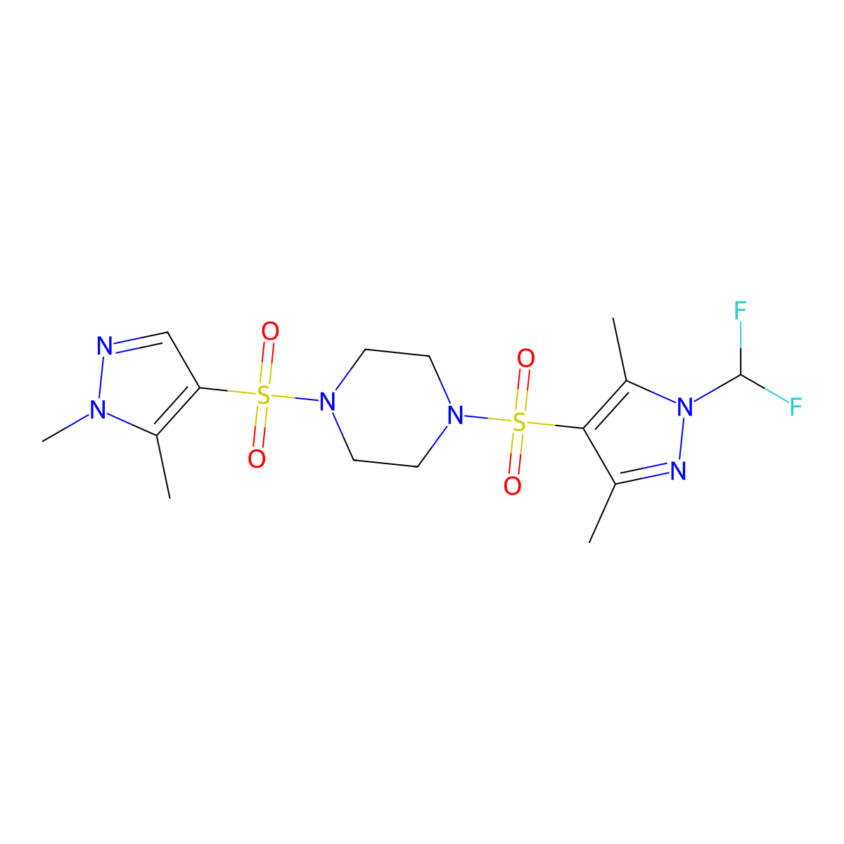 1-{[1-(difluoromethyl)-3,5-dimethyl-1H-pyrazol-4-yl]sulfonyl}-4-[(1,5-dimethyl-1H-pyrazol-4-yl)sulfonyl]piperazine molecular structure, CAS 1005586-95-7