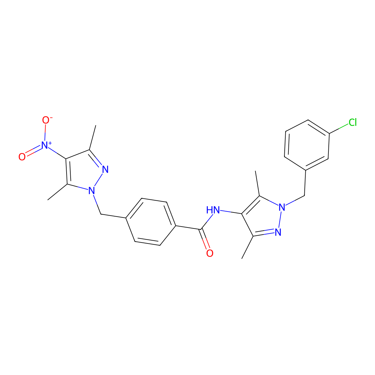 N-[1-[(3-chlorophenyl)methyl]-3,5-dimethylpyrazol-4-yl]-4-[(3,5-dimethyl-4-nitropyrazol-1-yl)methyl]benzamide molecular structure, CAS 1005586-97-9