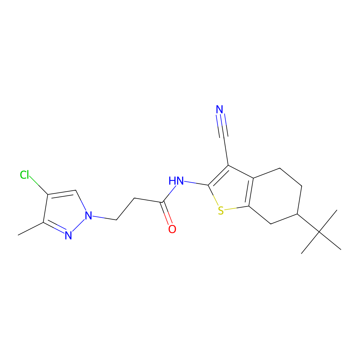 N-(6-tert-butyl-3-cyano-4,5,6,7-tetrahydro-1-benzothiophen-2-yl)-3-(4-chloro-3-methylpyrazol-1-yl)propanamide molecular structure, CAS 1005587-21-2