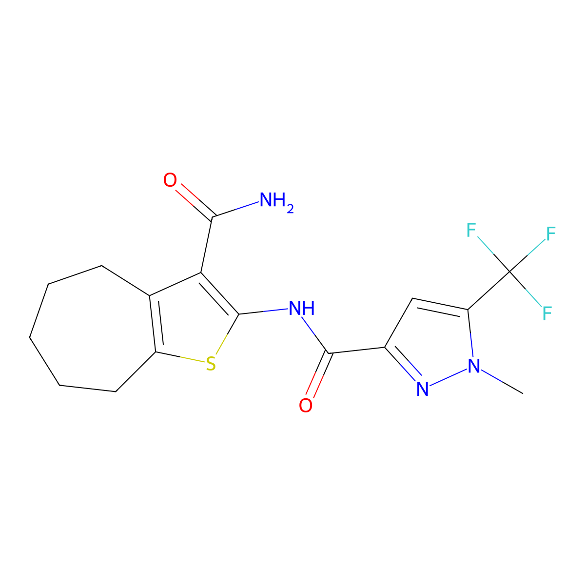 N-(3-carbamoyl-5,6,7,8-tetrahydro-4H-cyclohepta[b]thiophen-2-yl)-1-methyl-5-(trifluoromethyl)pyrazole-3-carboxamide molecular structure, CAS 1005587-24-5
