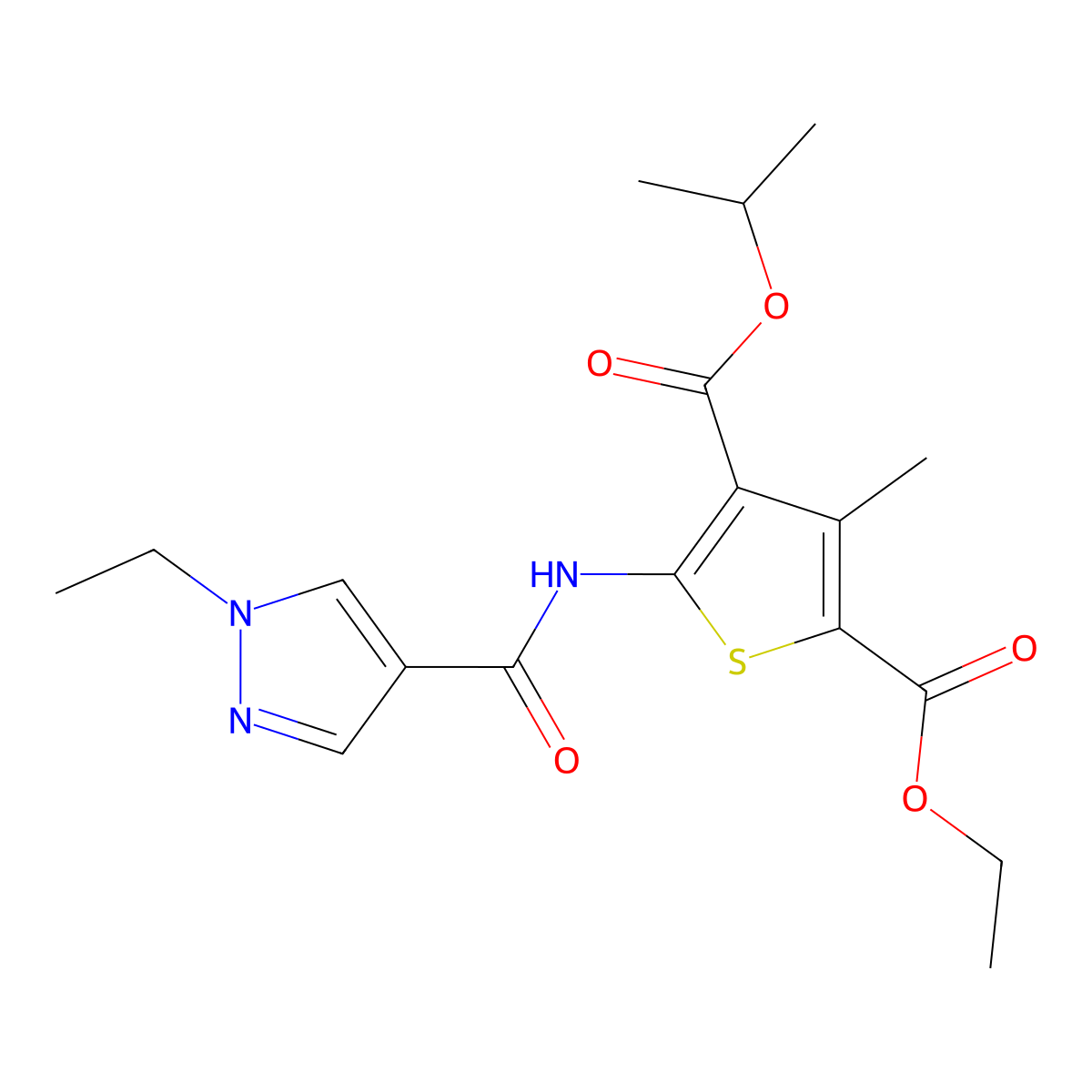 2-ethyl 4-propan-2-yl 5-{[(1-ethyl-1H-pyrazol-4-yl)carbonyl]amino}-3-methylthiophene-2,4-dicarboxylate molecular structure, CAS 1005587-31-4